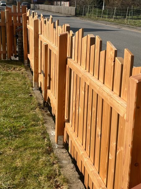 Holzzaun mit spitzen Pfosten entlang einer Straße, grüne Wiese im Vordergrund.